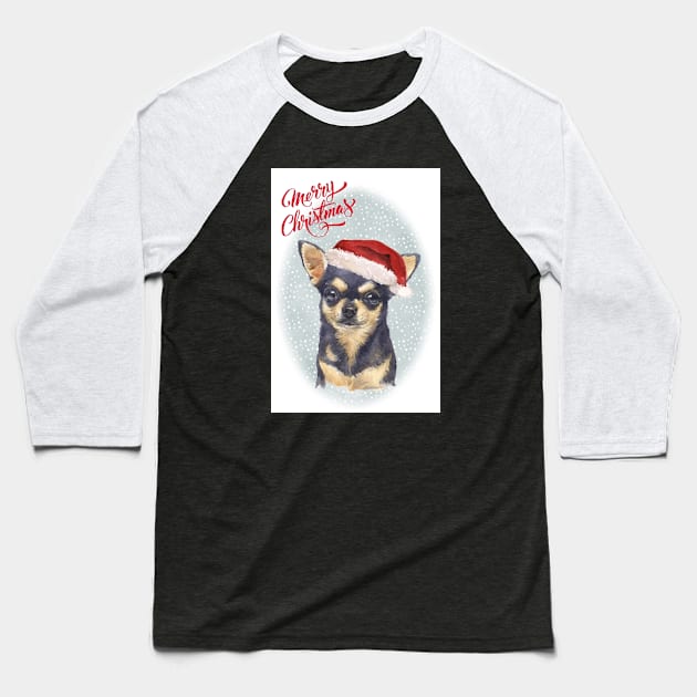 Smooth Haired Chihuahua Merry Christmas Santa Dog Baseball T-Shirt by Puppy Eyes